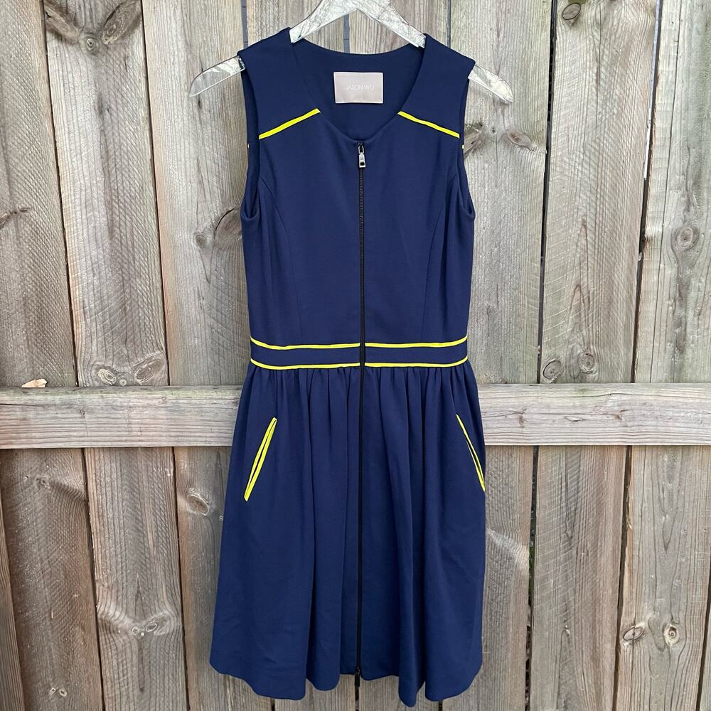 Jason Wu Dress Blue Midi Sleevelessβ Size 4 Front Zip Classic Capsule Round Neck